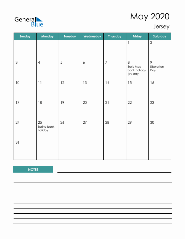 Calendar with Notes Printable - Sunday Start