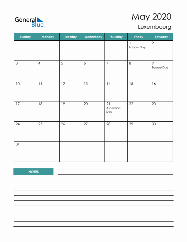 Calendar with Notes Printable - Sunday Start