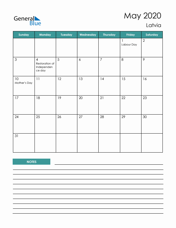 Calendar with Notes Printable - Sunday Start