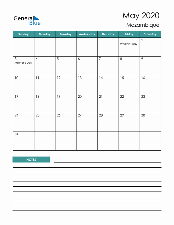 Calendar with Notes Printable - Sunday Start