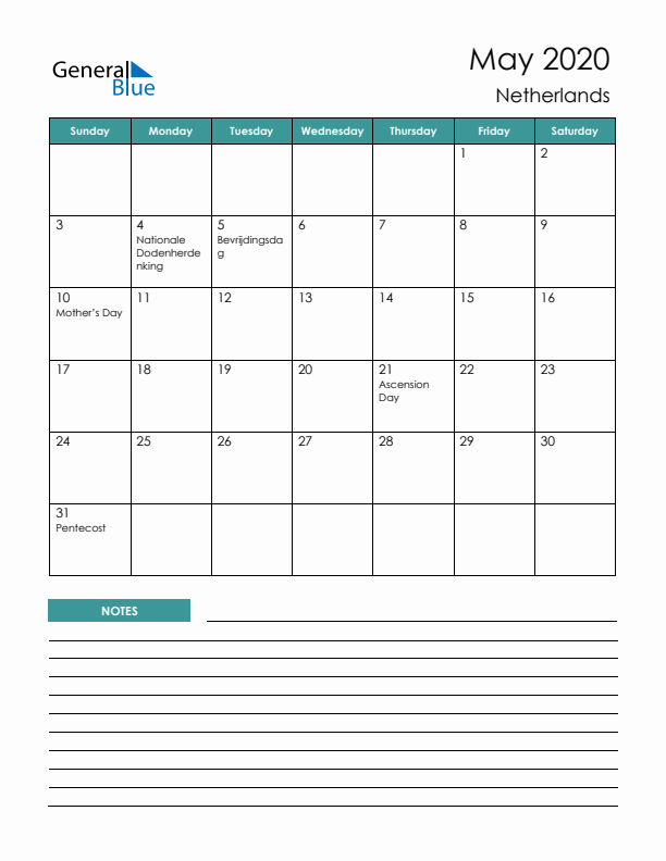 Calendar with Notes Printable - Sunday Start