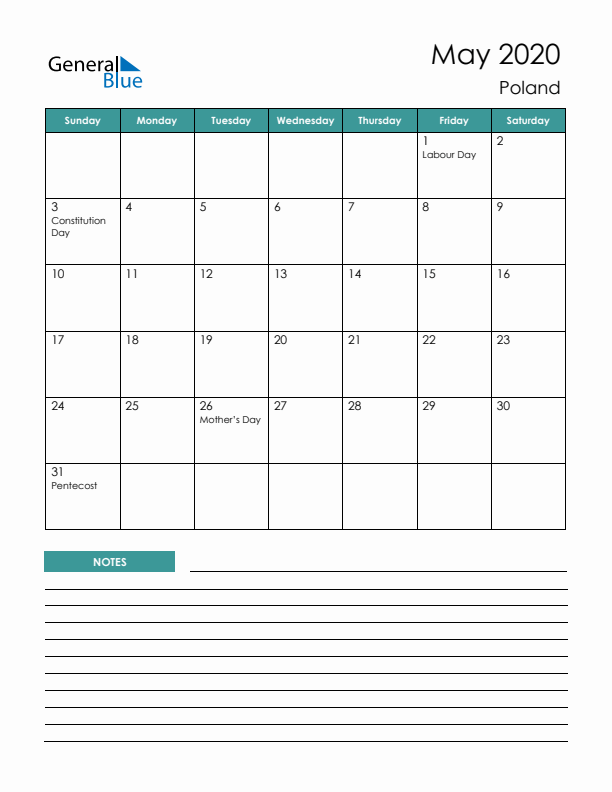 Calendar with Notes Printable - Sunday Start