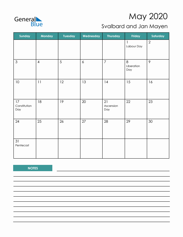 Calendar with Notes Printable - Sunday Start