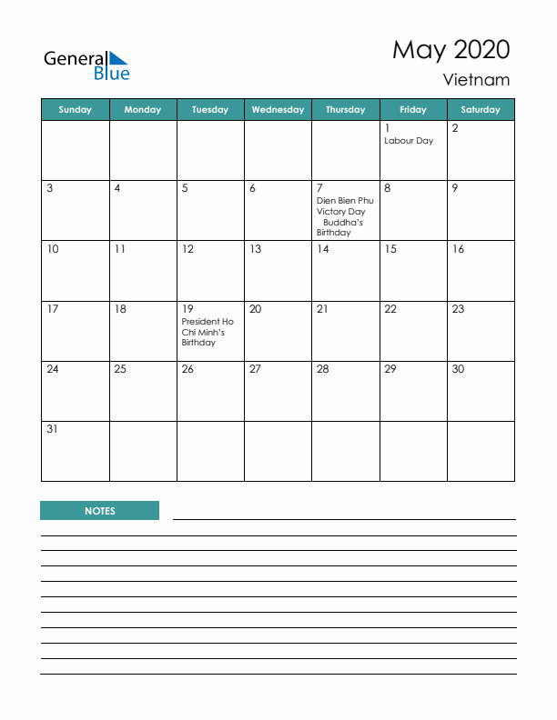 Calendar with Notes Printable - Sunday Start