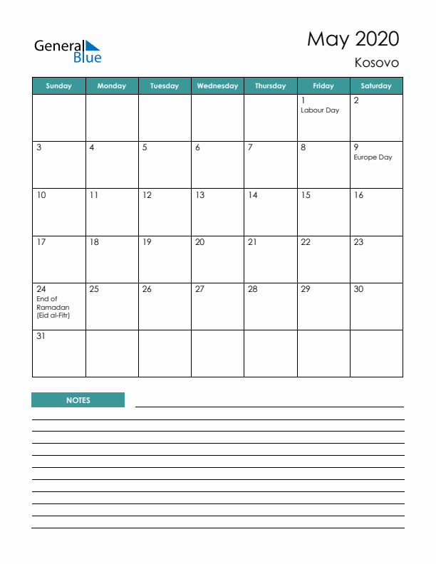 Calendar with Notes Printable - Sunday Start