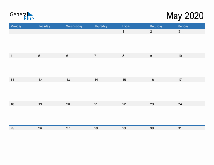 Fillable Calendar for May 2020