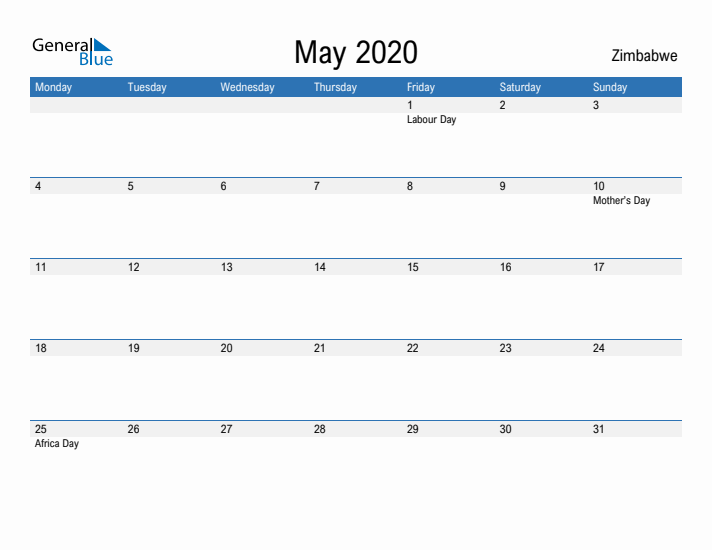 Fillable May 2020 Calendar