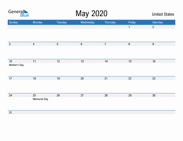 Fillable May 2020 Calendar