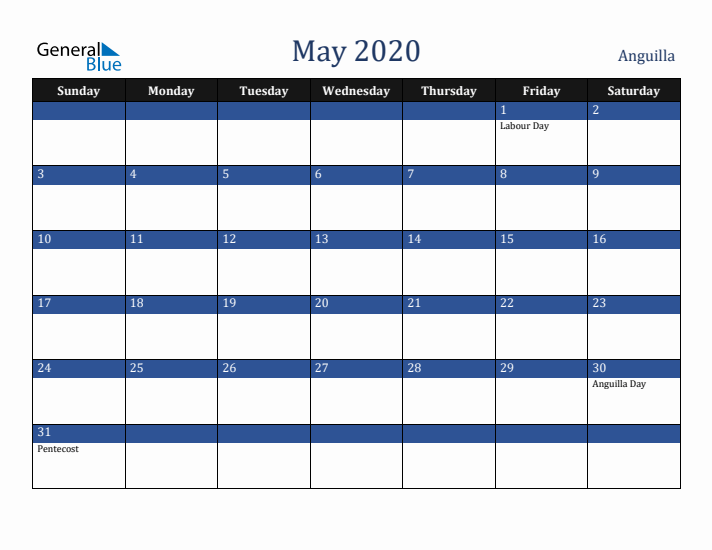 May 2020 Anguilla Calendar (Sunday Start)