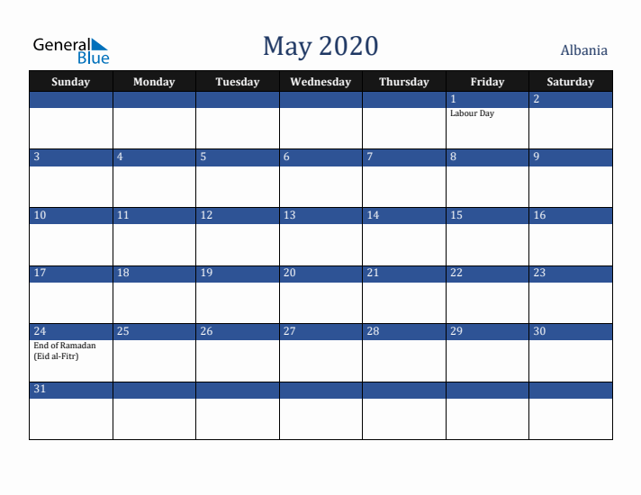 May 2020 Albania Calendar (Sunday Start)