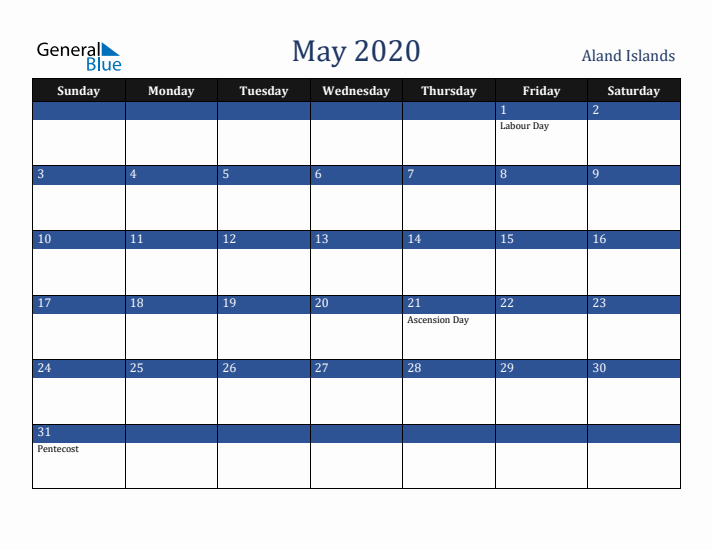 May 2020 Aland Islands Calendar (Sunday Start)