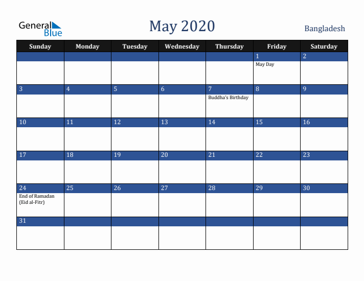 May 2020 Bangladesh Calendar (Sunday Start)