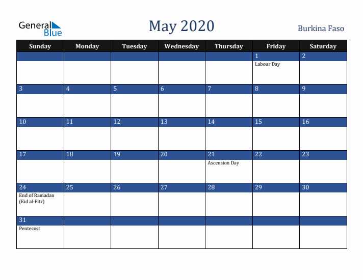 May 2020 Burkina Faso Calendar (Sunday Start)