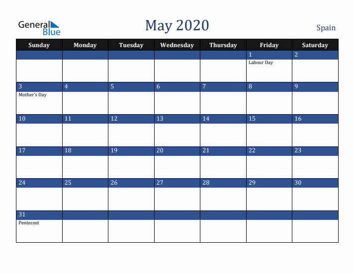 May 2020 Spain Calendar (Sunday Start)