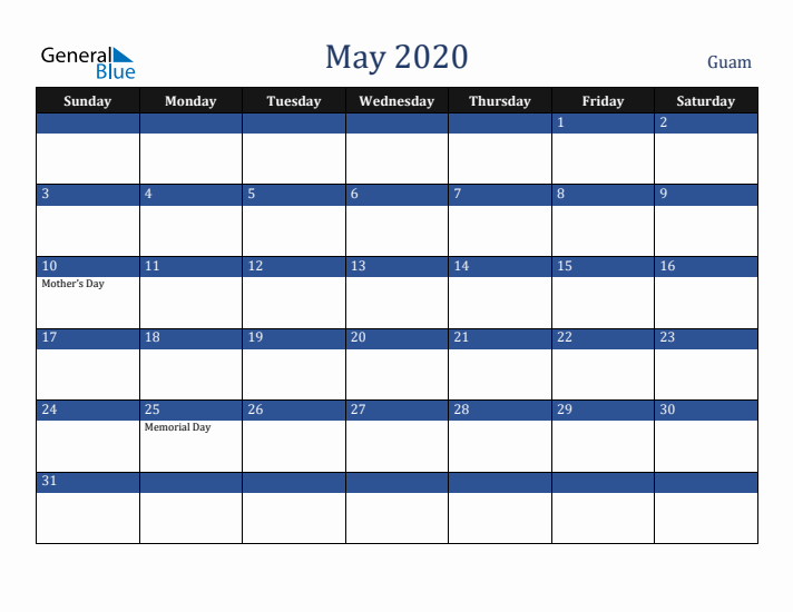 May 2020 Guam Calendar (Sunday Start)