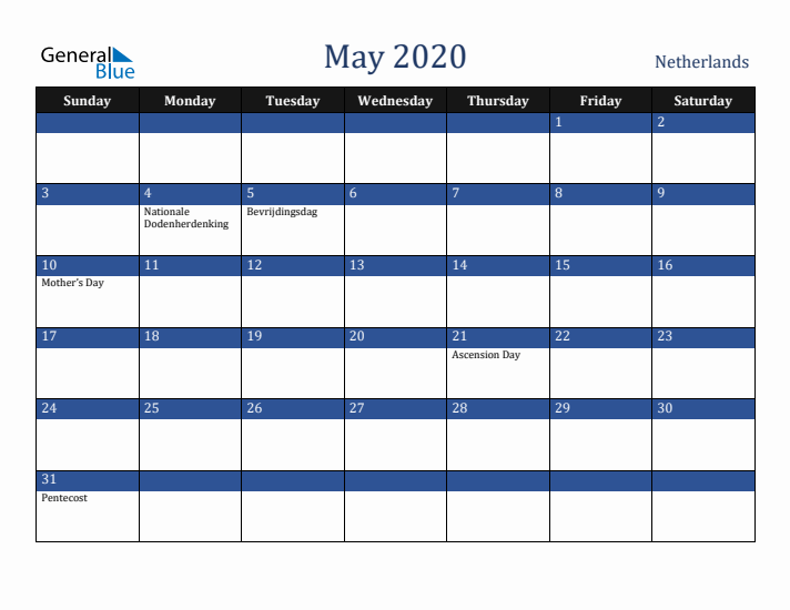 May 2020 The Netherlands Calendar (Sunday Start)