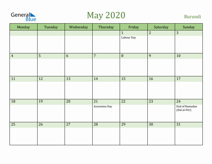 May 2020 Calendar with Burundi Holidays