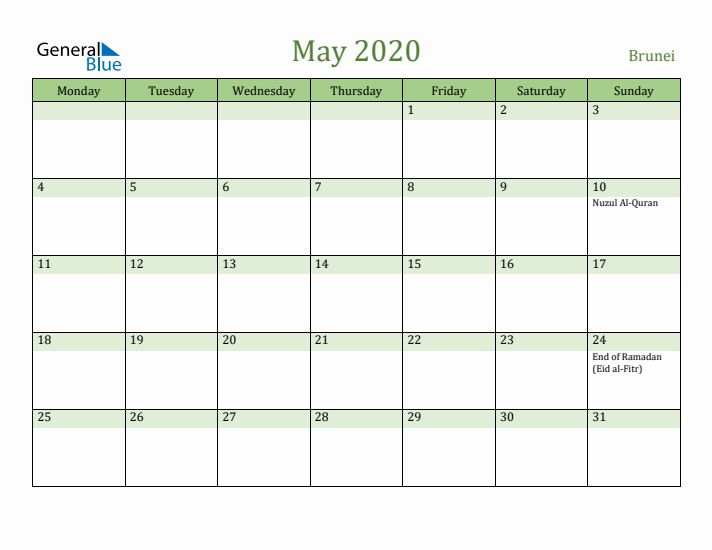 May 2020 Calendar with Brunei Holidays