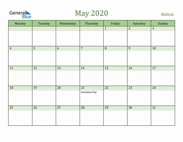 May 2020 Calendar with Bolivia Holidays