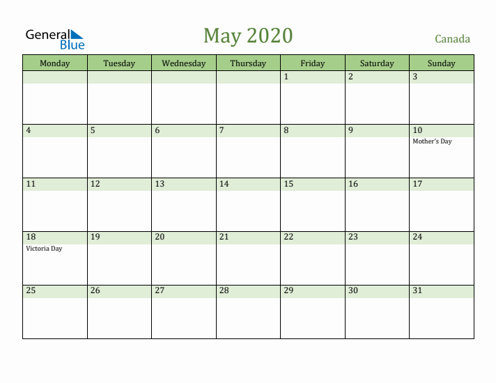 May 2020 Calendar with Canada Holidays