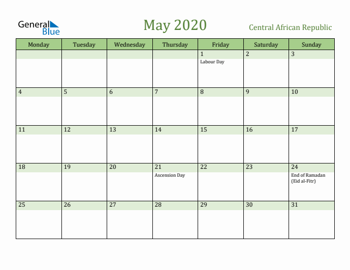 May 2020 Calendar with Central African Republic Holidays