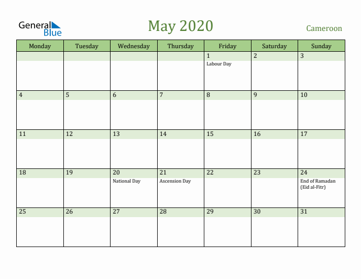 May 2020 Calendar with Cameroon Holidays