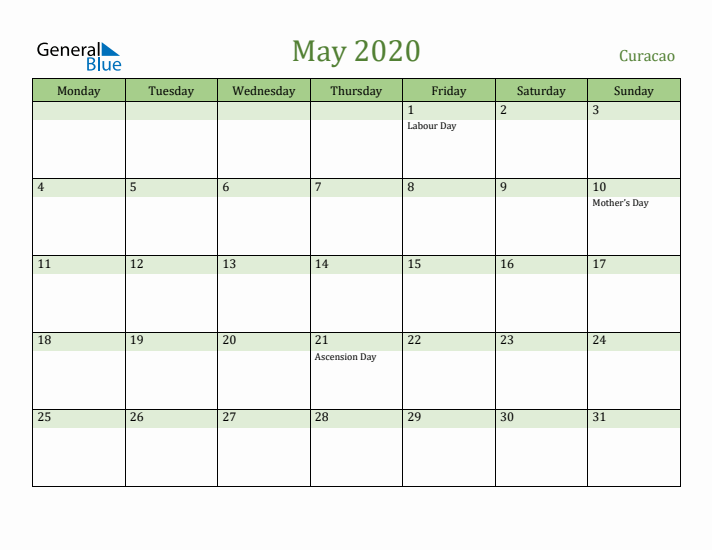 May 2020 Calendar with Curacao Holidays