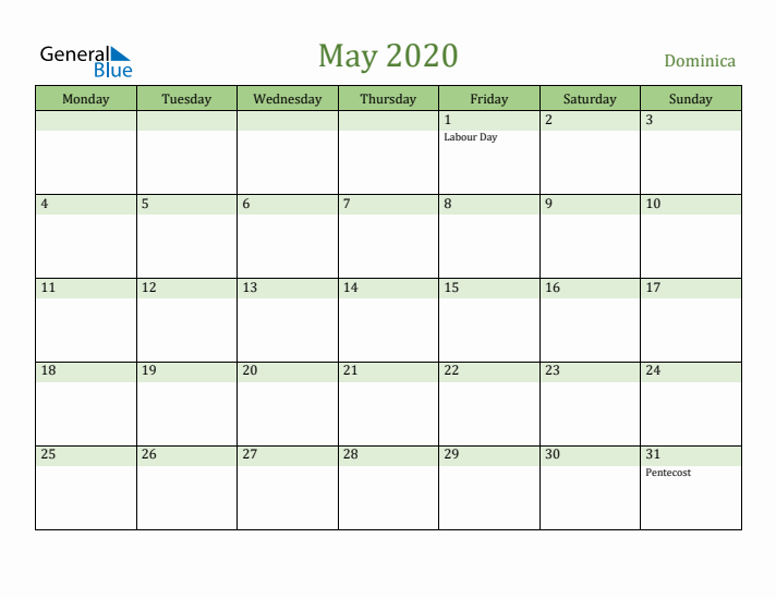 May 2020 Calendar with Dominica Holidays