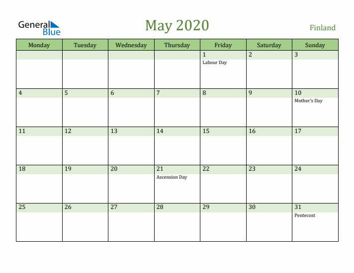 May 2020 Calendar with Finland Holidays