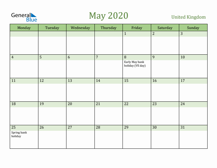 May 2020 Calendar with United Kingdom Holidays