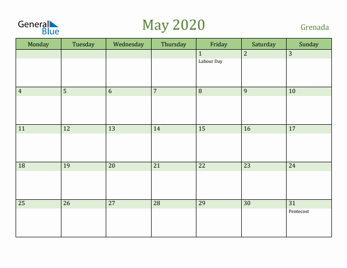 May 2020 Calendar with Grenada Holidays