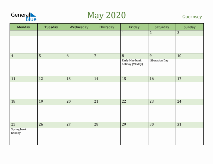 May 2020 Calendar with Guernsey Holidays