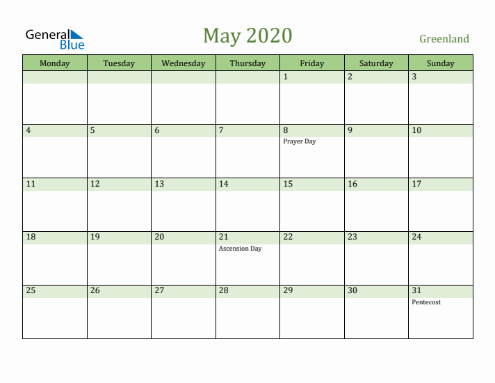 May 2020 Calendar with Greenland Holidays