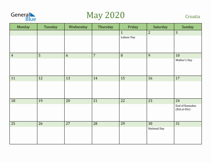 May 2020 Calendar with Croatia Holidays