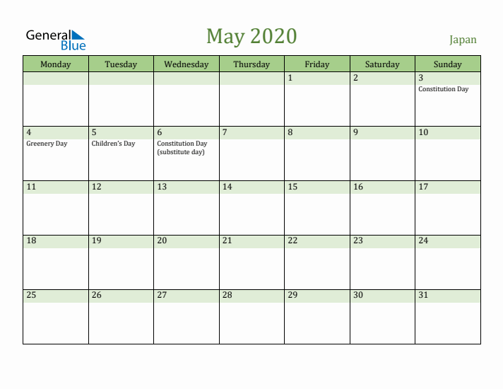 May 2020 Calendar with Japan Holidays