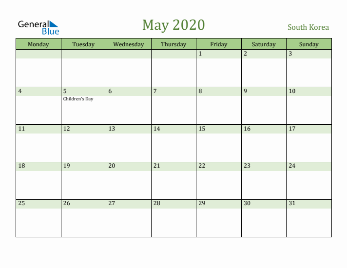 May 2020 Calendar with South Korea Holidays