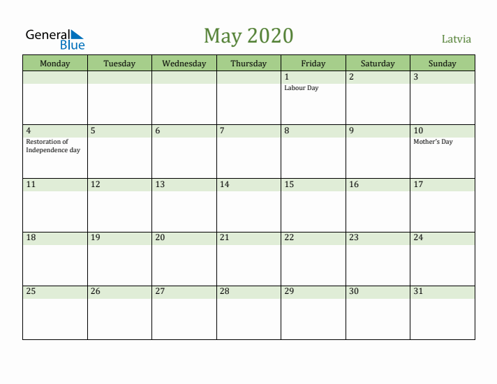 May 2020 Calendar with Latvia Holidays