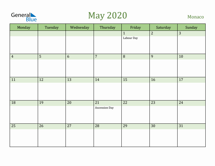 May 2020 Calendar with Monaco Holidays