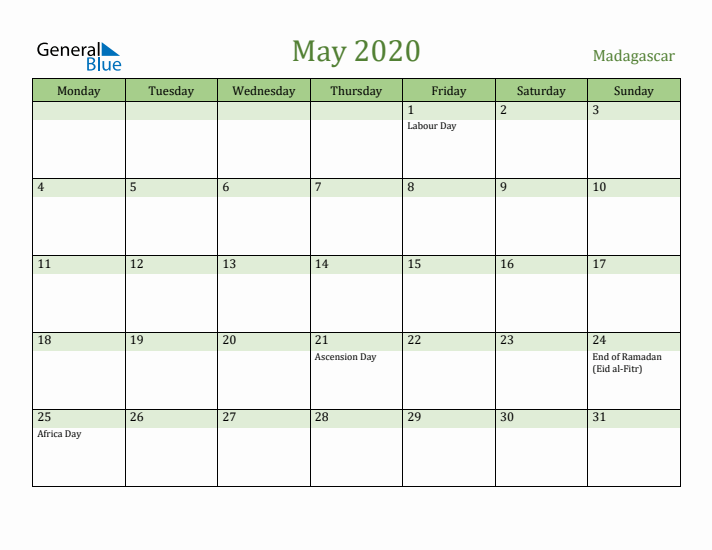 May 2020 Calendar with Madagascar Holidays