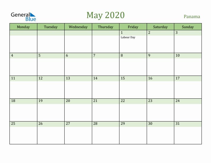 May 2020 Calendar with Panama Holidays