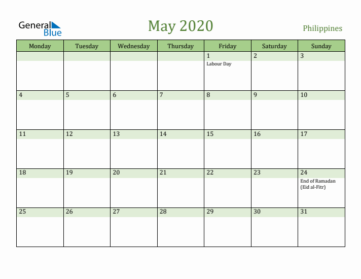 May 2020 Calendar with Philippines Holidays