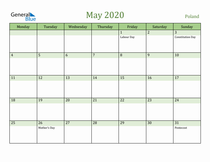 May 2020 Calendar with Poland Holidays