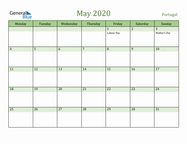 May 2020 Calendar with Portugal Holidays