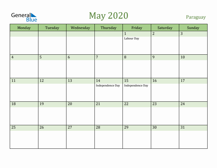 May 2020 Calendar with Paraguay Holidays