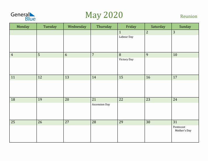 May 2020 Calendar with Reunion Holidays