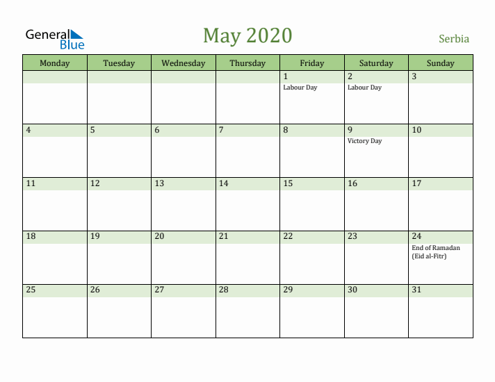 May 2020 Calendar with Serbia Holidays