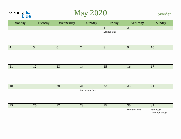 May 2020 Calendar with Sweden Holidays