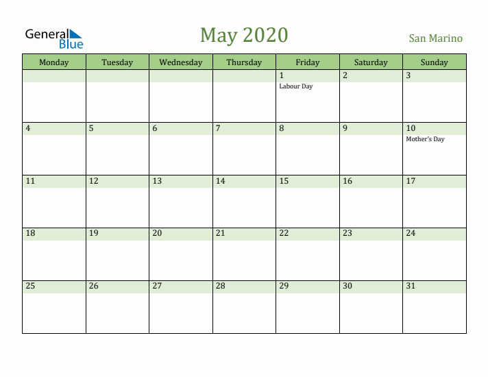 May 2020 Calendar with San Marino Holidays