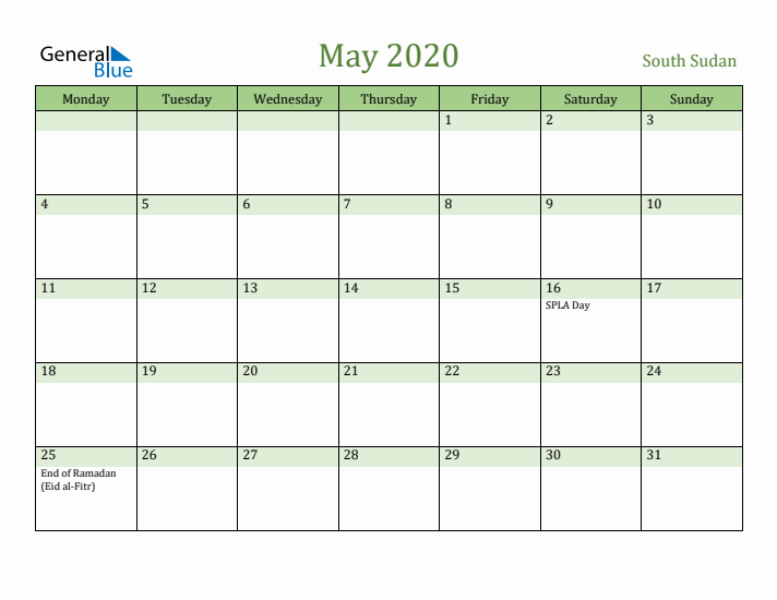 May 2020 Calendar with South Sudan Holidays