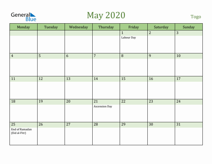 May 2020 Calendar with Togo Holidays